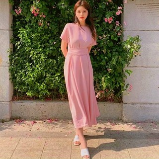 Đầm hồng ruốc cổ tròn chéo eo