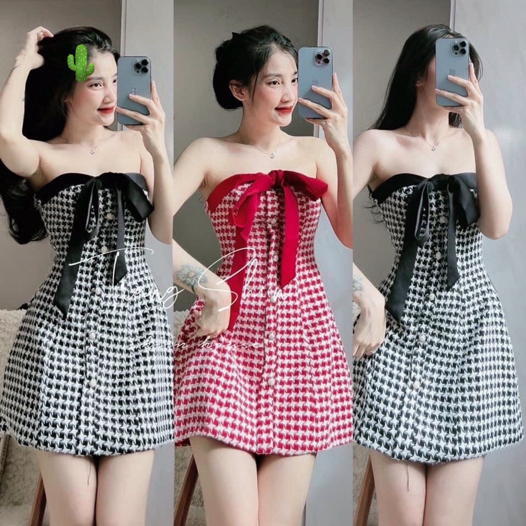 Đầm ống nữ dáng ngắn xòe nhẹ chất thun dạ phối dây buộc nơ họa tiết ziczac xinh xắn