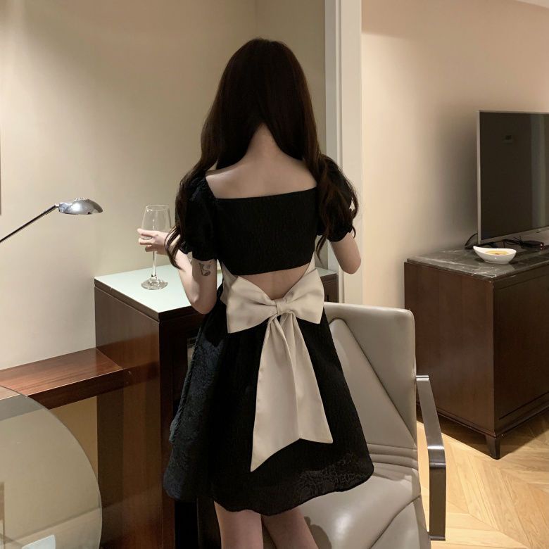 Đầm Ngắn Tay Phồng Thắt Nơ Nhấn Eo Màu Đen Phong Cách Pháp Thời Trang Mùa Hè Cho Nữ