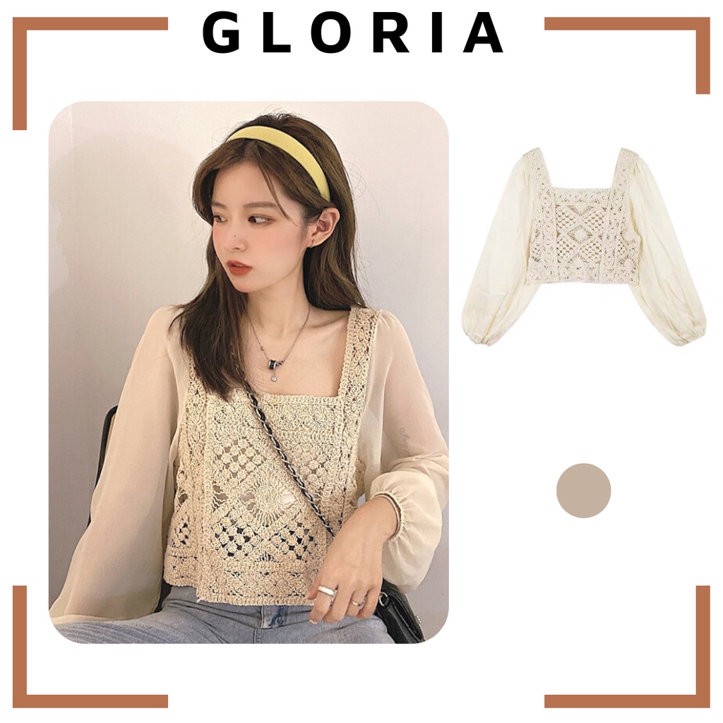 Áo croptop dệt kim tay dài GLORI chất len kết hợp tay voan dày dặn thời trang vintage kết hợp váy ngắn cho nữ