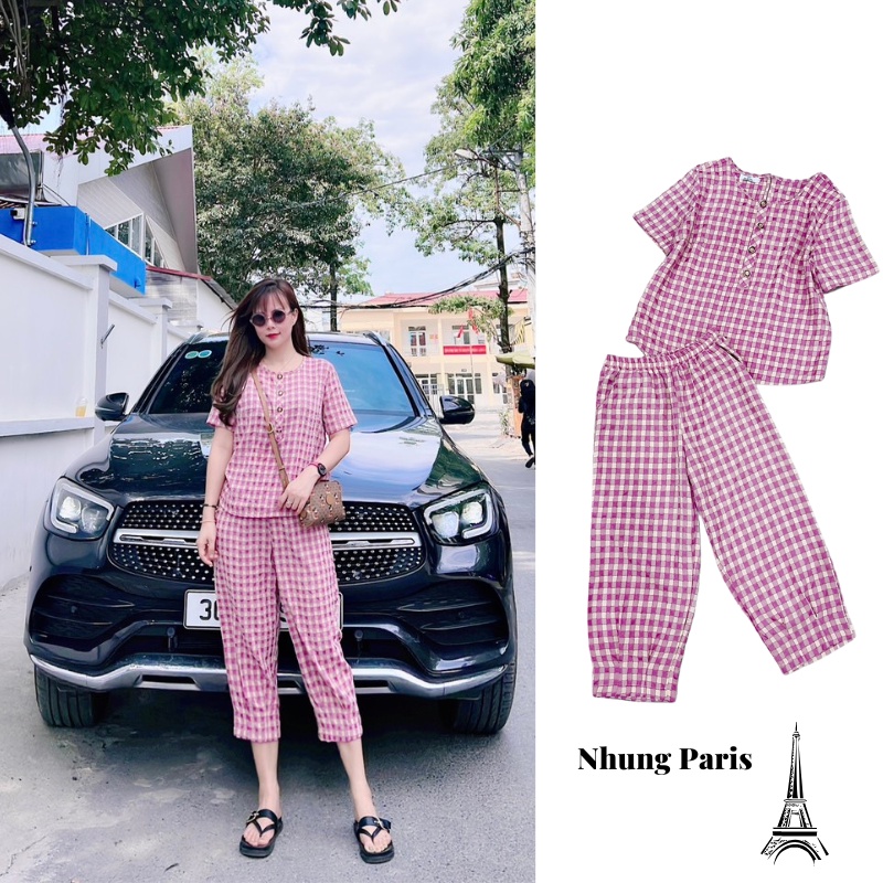 Bộ quần áo mùa hè,bộ họa tiết kẻ ô cao cấp, đồ bộ nữ mặc nhà, thời trang dạo phố, đủ size của nhà Nhung paris.