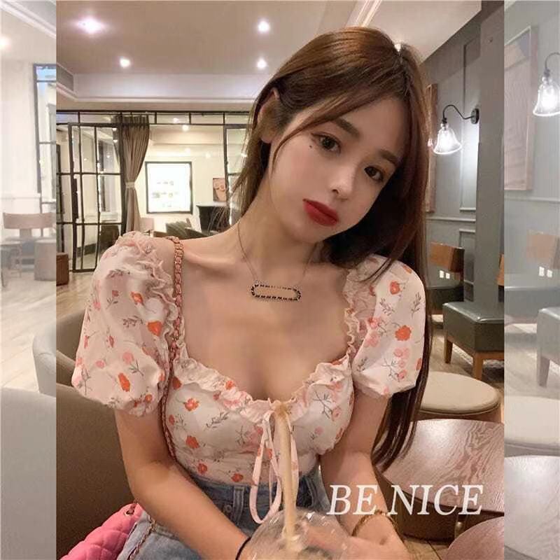 Áo Sơ Mi Ngắn Tay Cổ Vuông Lưng Cao Họa Tiết Hoa Thời Trang Cho Nữ