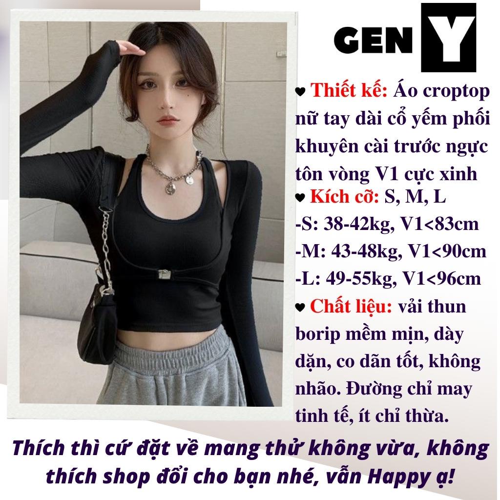 Áo croptop tay dài phối khuyên trước ngực tôn V1 GenY, Áo kiểu nữ cổ giả yếm ôm body cực tôn dáng -ADT29-