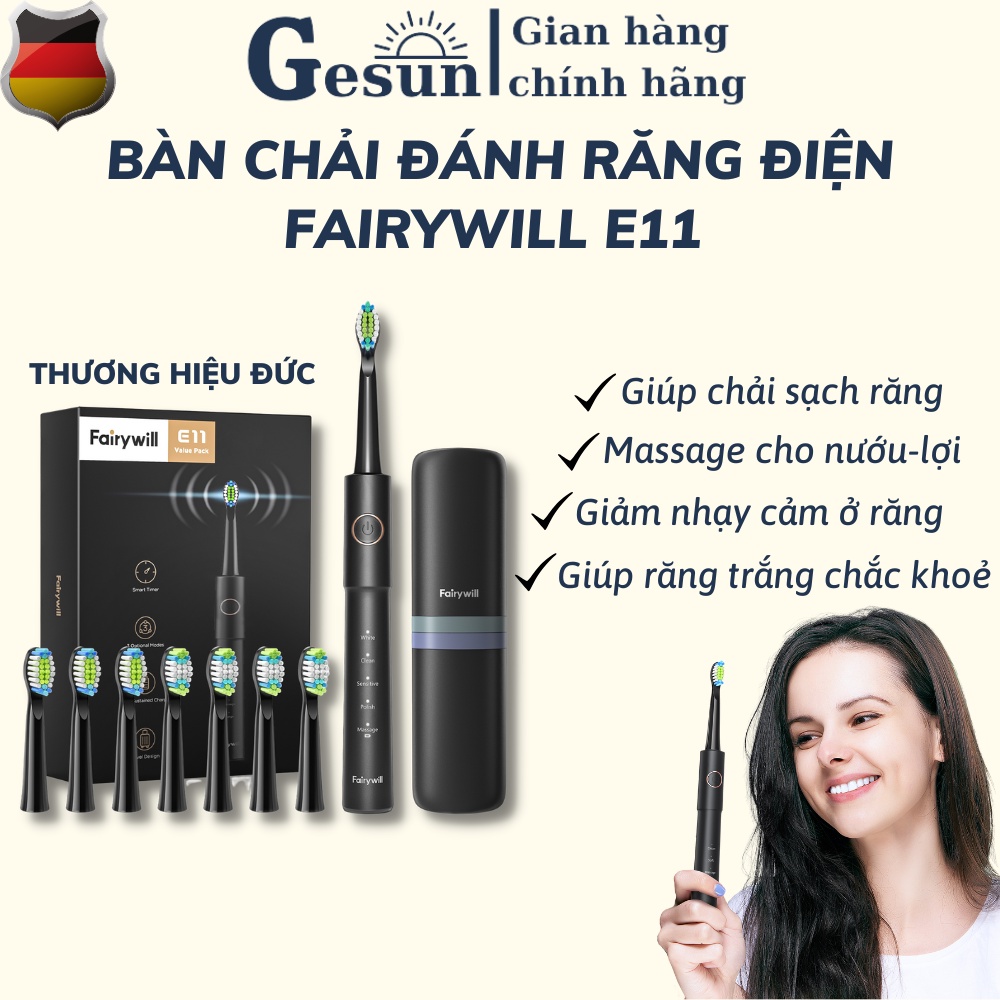 Bàn chải đánh răng điện Fairywill E11 của Đức chính hãng Gesun- Giúp chải sạch răng, massage lợi, giảm nhạy cảm ở rang
