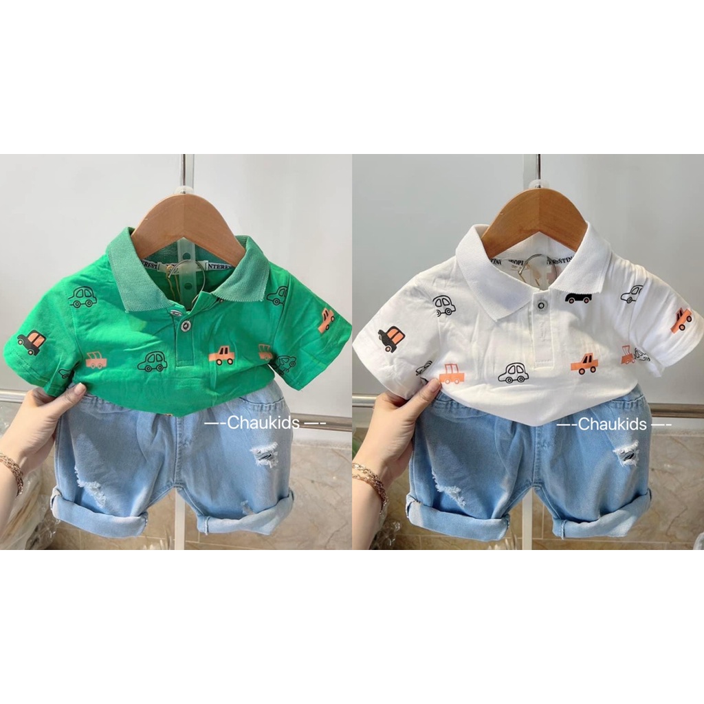 Set Bộ Polo Cho Bé Trai Chất Liệu Cotton-Jean Cao Cấp In Hình Dễ Thương Bé Diện Xuân Hè - CAFE_BABY050