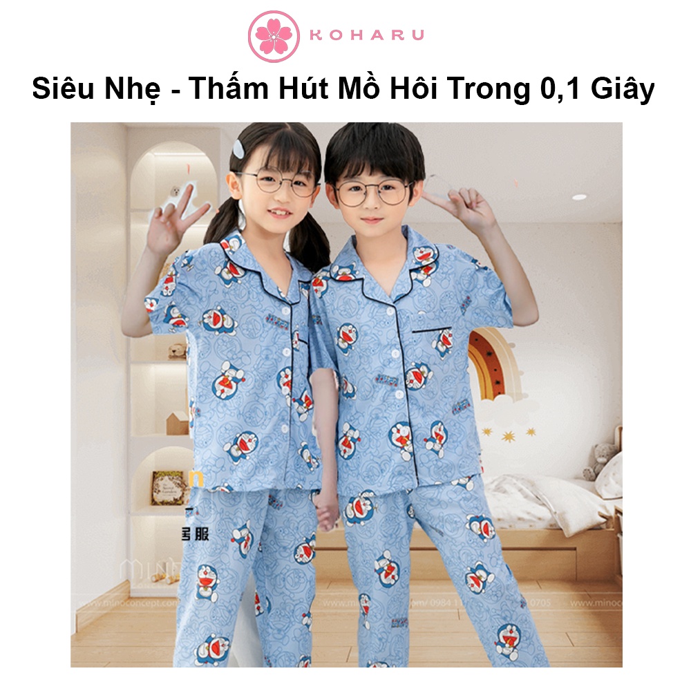 Áo cộc quần dài 9-47kg Cotton Đũi Nhật pijama Doremon xanh CN06 trẻ em đồ ngủ| bộ đi chơi bé trai gái