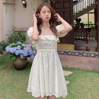Váy đầm hoạ tiết hoa nhún ngực tay bồng dễ thương thời trang nữ Famos
