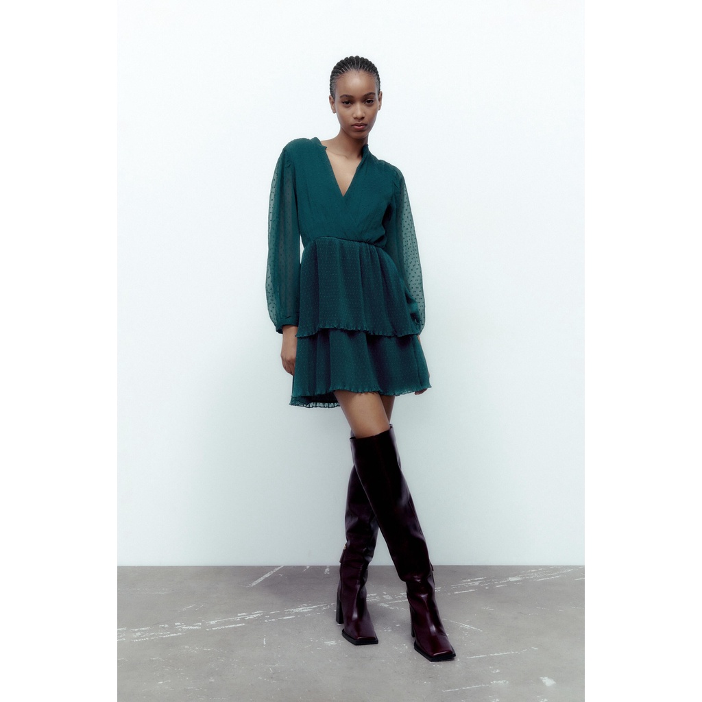 ZARA Đức - Đầm suông xòe xếp tầng tay dài phồng eo co giãn xanh cổ vịt sale auth new tag cao cấp chính hãng sẵn 3798/224