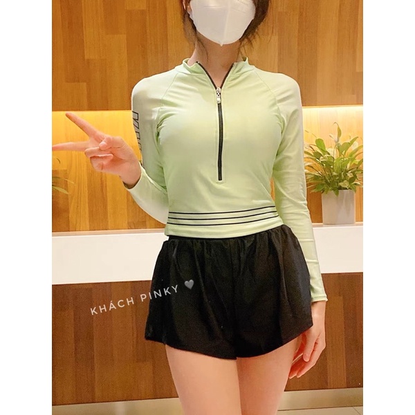 Đồ bơi nữ tay dài, áo tắm 2 mảnh kín đáo, chống nắng màu xanh