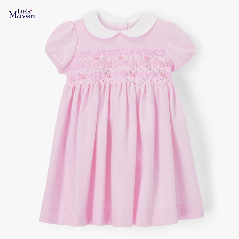 Váy Đầm cộc tay cho bé gái mùa hè, váy thun cotton cổ sen 4t-7t ( little maven)