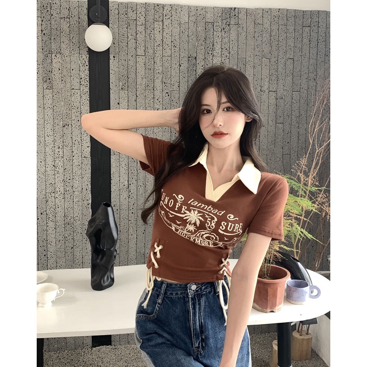 Áo Thun cotton Tay Ngắn Cổ polo In Họa Tiết LALISAS Phong Cách retro Mỹ