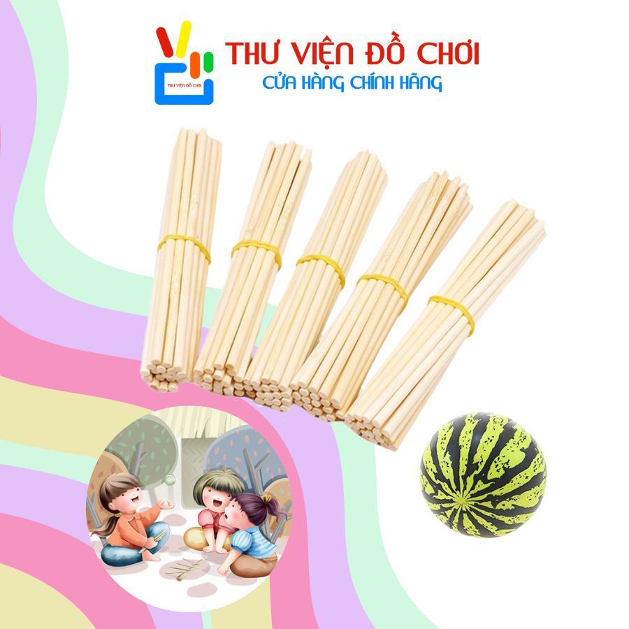 Bộ chơi chuyền banh đũa tre (bóng nảy cao su và bộ que chuyền)