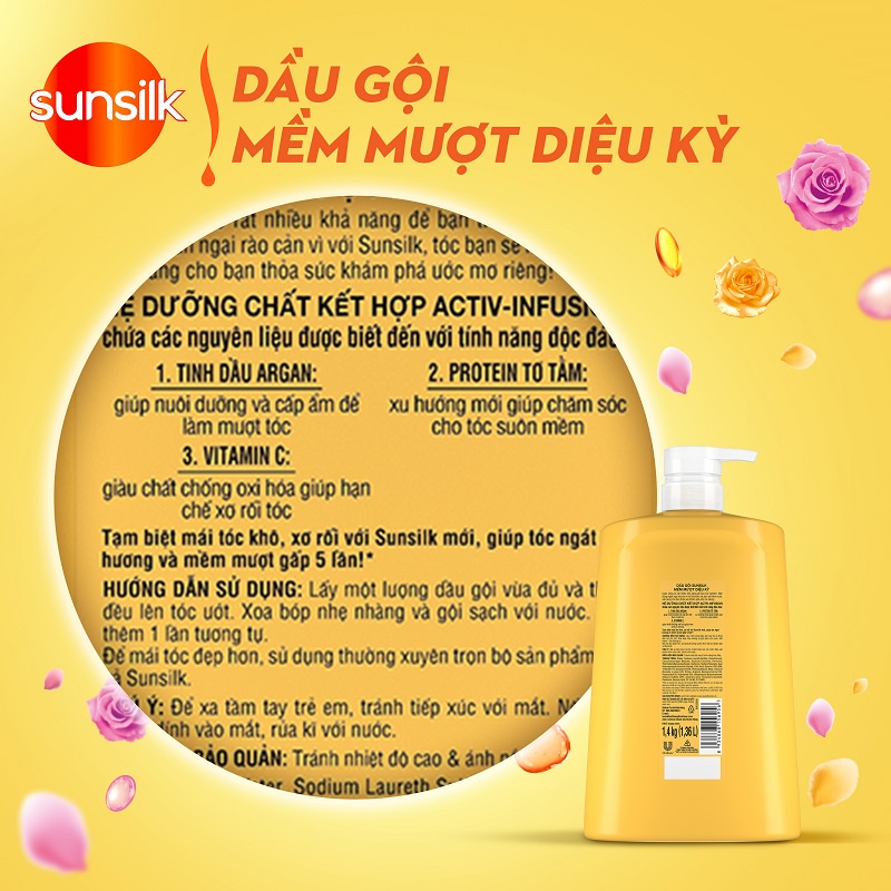Dầu gội Sunsilk chai lớn có vòi 1.4kg vàng và đen làm sạch và mềm mượt tóc gấp 5 lần lưu hương 48h