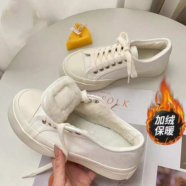 Giày Vải Canvas Phối Lông Cừu Dày Dặn Giữ Ấm Mùa Đông Kiểu Mới 2022 Phong Cách Nhật Bản Cho Nữ