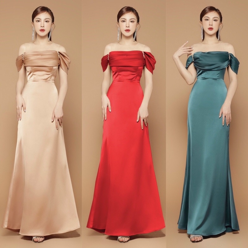 Đầm dạ hội xếp ly rớt vai. Hàng TK