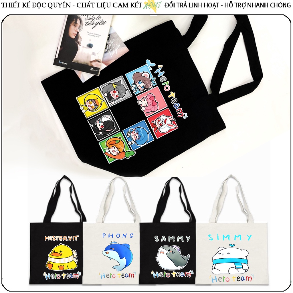 TOTE CANVAS Hero Team simmy vịt siro phong TÚI VẢI ĐEO VAI BAG CÓ KHÓA KÉO SIZE LỚN 33x38cm AOMIVN DU LỊCH DẠO PHỐ AOMI