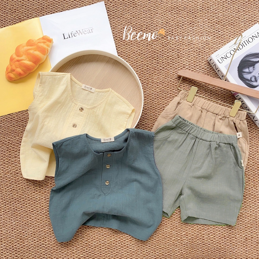 Set bộ ba lỗ Beemo may cúc gỗ chất liệu linen thấm hút mồ hôi tốt mặc đi chơi, vận động cho bé từ 1 - 7 tuổi 23166B