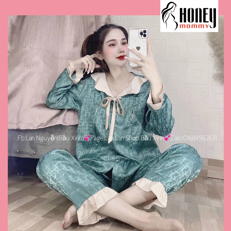 Bộ Pijama Bầu Lụa Gấm Có Cổ, Bộ Bầu Và Sau Sinh 2 Chức Năng Kết Hợp Cho Con Bú Dài Tay HT4619 Honey Mommy