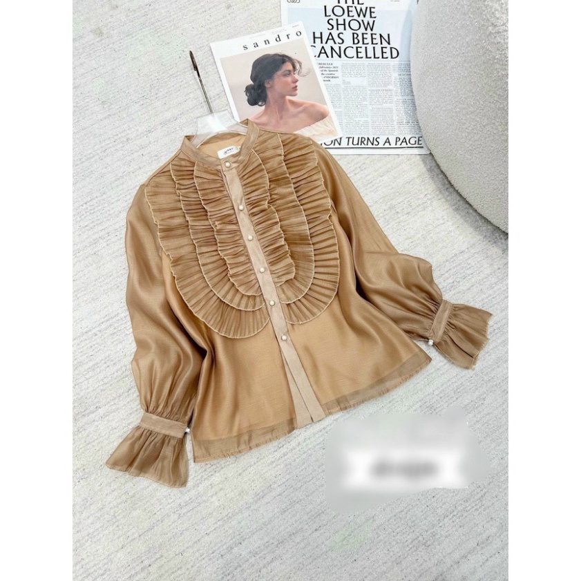 Áo sơ mi nữ kiểu phom rộng trắng be nâu tiểu thư -  Áo sơmi nữ phối bèo mặc đi học, đi làm nội y xanh - chất mát