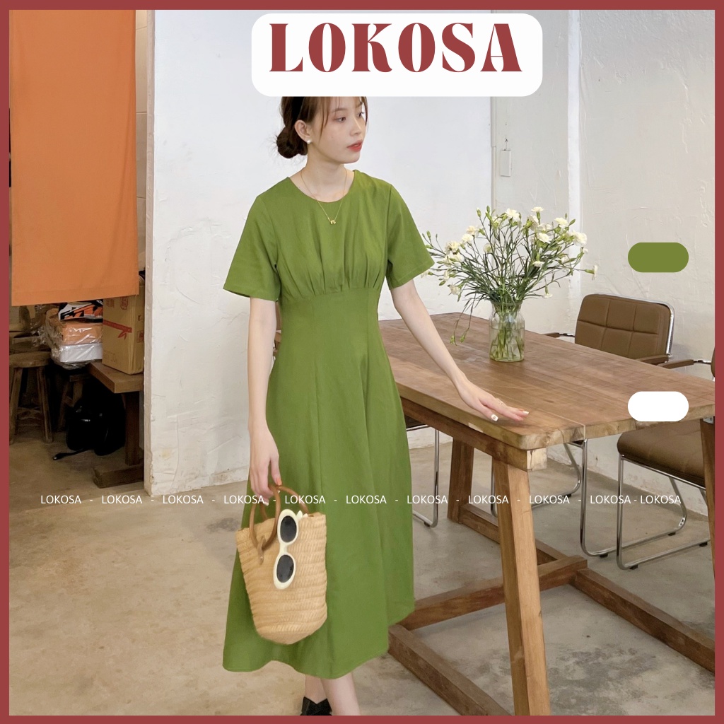 Đầm Linen midi Cổ Tròn Nhún Ngực LOKOSA váy công sở thanh lịch sang trọng VD007 | BigBuy360 - bigbuy360.vn