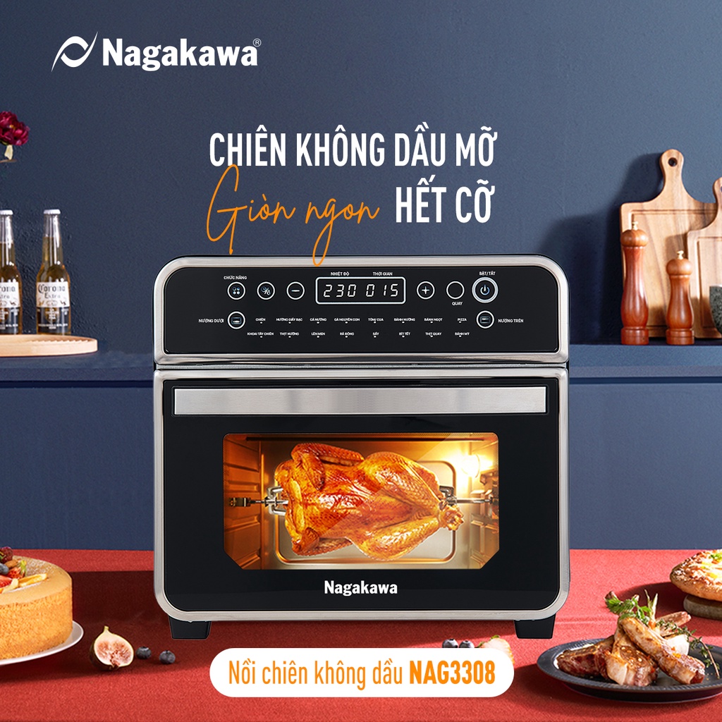 Lò Chiên Không Dầu Nagakawa NAG3308,Dung Tích 16L, Công Suất 1600W, Bảo Hành Chính Hãng 12 Tháng