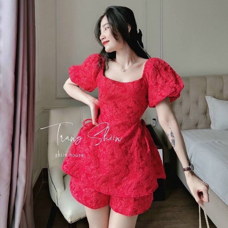 SÉT BỘ GẤM HOA NỔI ÁO TÙNG XOÈ TAY PHỒNG QC KÈM QUẦN SHOT SIÊU XINH,CHẤT CHUẨN HÌNH MẪU MẶC BA0 XỊN) S-M