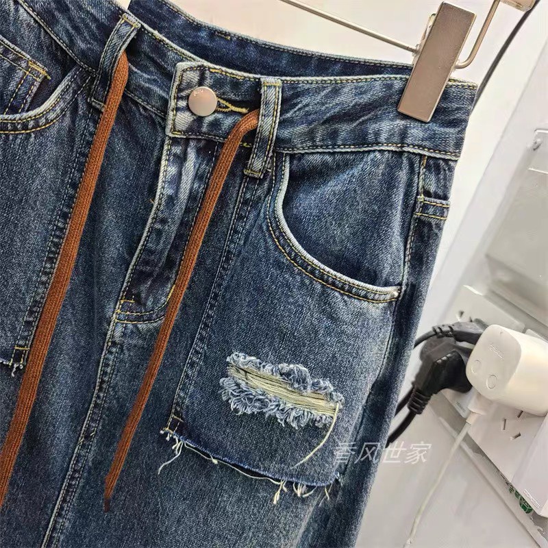 Váy Jeans Mix Dây Nâu Lưng Cao Cực Tôn Dáng, Form Chuẩn, Chất Vãi Dày Dặn