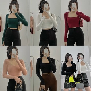 Áo Croptop Cổ Vuông Xỏ Ngón Thun Gân Xịn Ko Xù Lông Hh.vintage