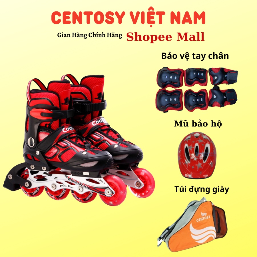 Combo giày patin trẻ em Centosy - Cougar 835lsg, bao gồm [ giày + bảo vệ tay chân + mũ bảo hộ + túi đựng giày ]