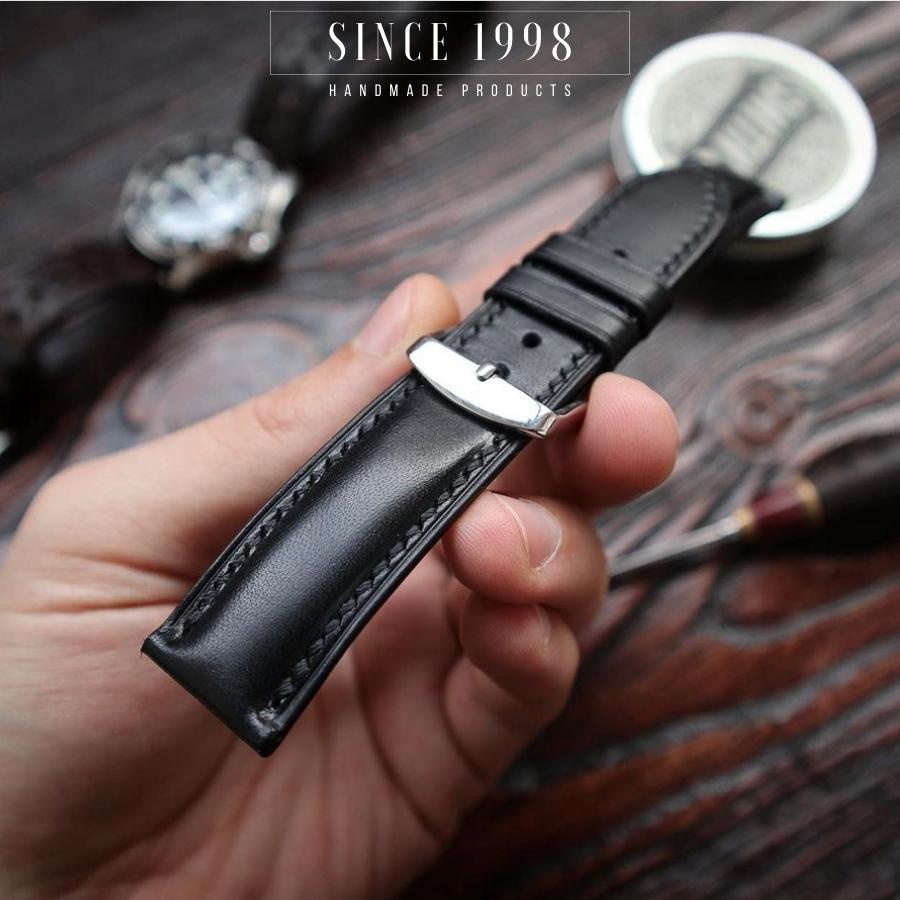 Dây Đồng Hồ Da Bò Nam 20mm 22mm, Da Thật Handmade, Chống Nước, Chính Hãng, Màu Đen Chỉ Đen, Bảo Hành 12 Tháng