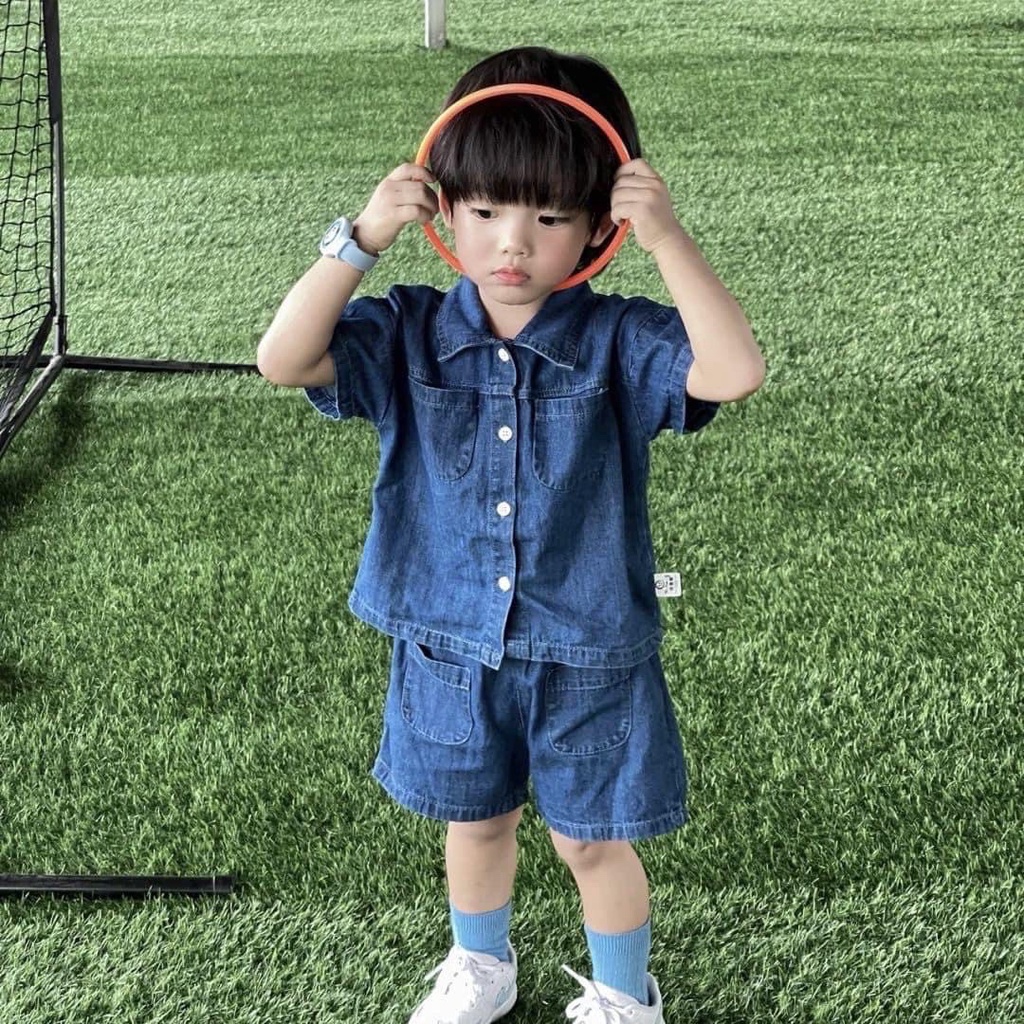 Set áo sơ mi ngắn tay quần sooc bò cho bé trai bé gái từ 6kg đến 20kg hàng QCCC chất jean mềm mại dày dặn