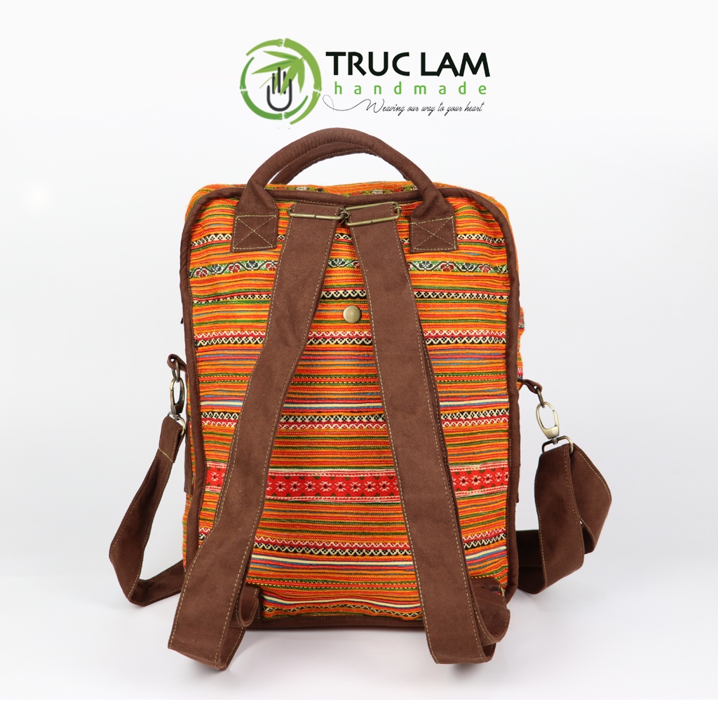Balo Nam Nữ Thời Trang Unisex Trúc Lâm Handmade TCBL08 Vải Thổ Cẩm Phối Viên Da Lộn Cao Cấp Kiểu Dáng Đa Năng Hiện Đại