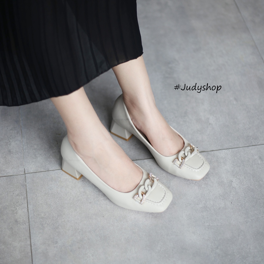 Giày Công Sở Nữ - Giày Gót Vuông Da Mềm khuy Xích Cao 4p QCCC