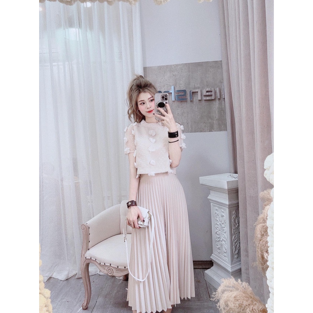 Set áo croptop đính hoa mix chân váy xòe chuẩn tag mác hàng L1 chất đẹp ( ảnh shop tự chụp )
