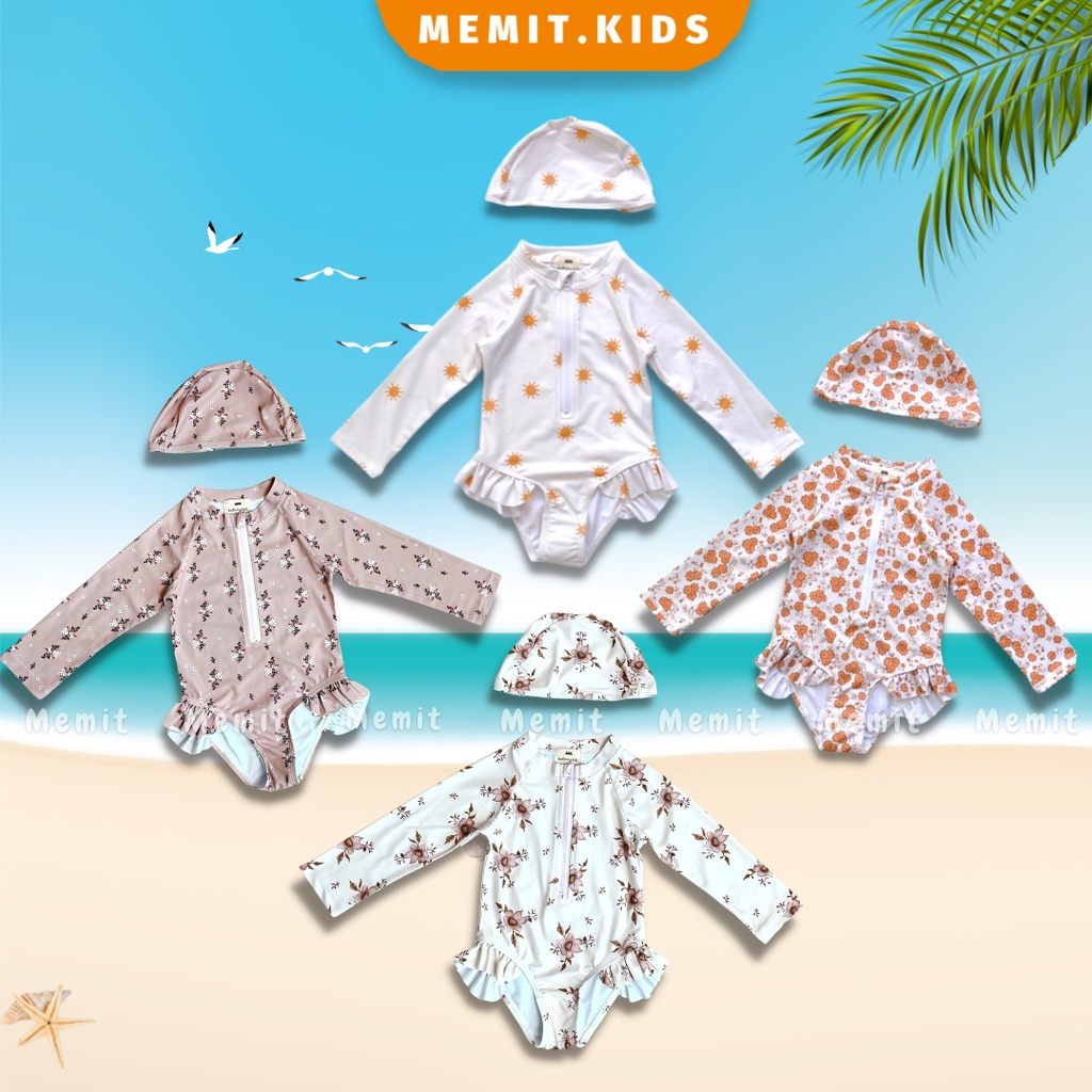 Đồ Bơi Một Mảnh Dài Tay Kèm Mũ, đồ bơi nhiều màu sắc lựa chọn dành cho bé gái