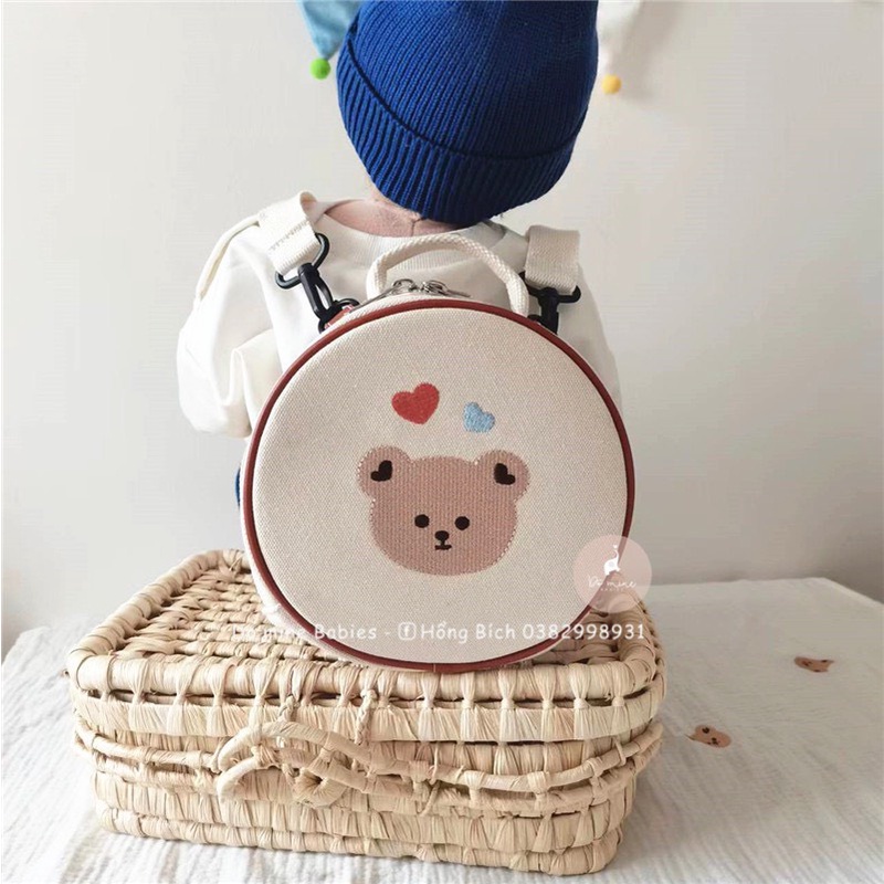 Balo tròn Canvas thêu hoạ tiết hình Gấu Hàn Quốc cho bé đi học