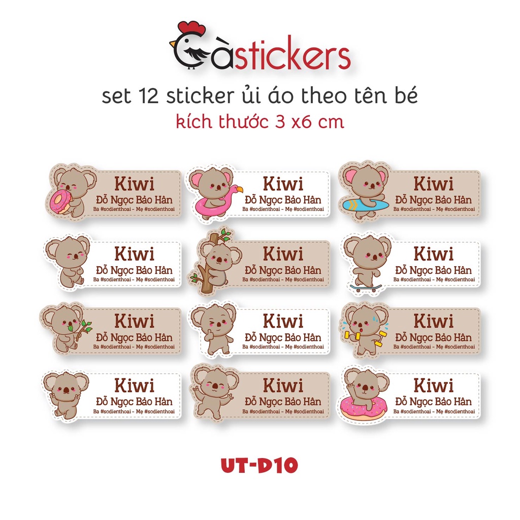 Sticker ủi áo in tên trẻ em GaStickers UT-D10- bộ 12 miếng kích thước 3 x 6 cm