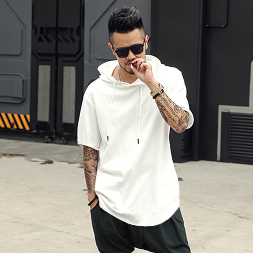 Mũ Liền Mũ Nam Tay Ngắn Thời TrangTÁo Phông Rộng Rãi Size Lớn Hip Hop Áo Hoodie Đen Có Mũ Kiểu Mỏng Mùa Hè Tay Lỡ