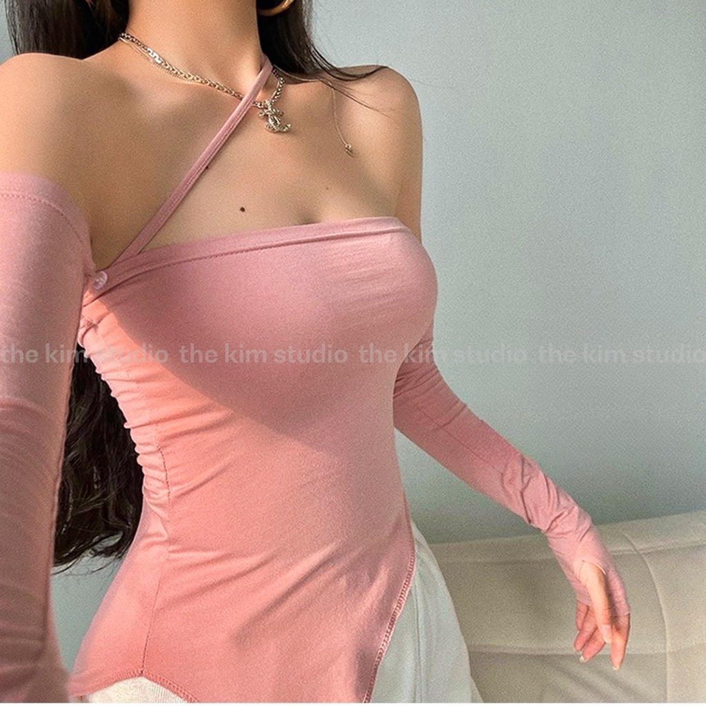 Áo quây ngang ngực vạt chéo, kèm tay áo dài tháo rời, thun ống dây chéo cổ ôm body TheKim AD136 | BigBuy360 - bigbuy360.vn