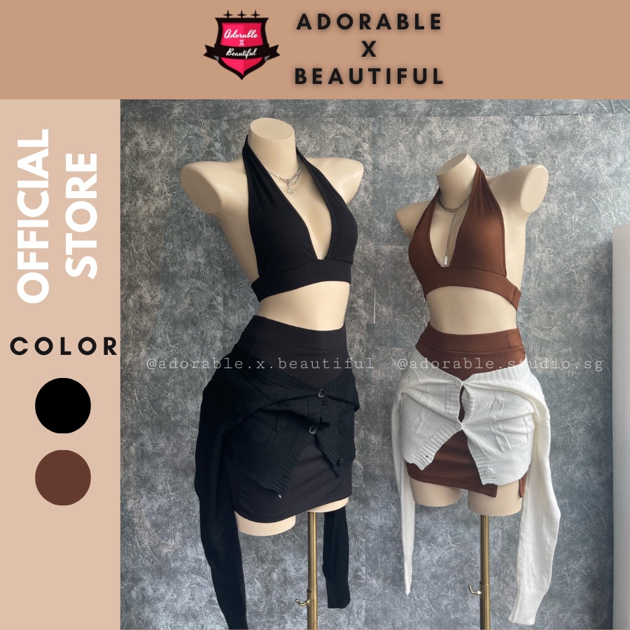 Set Áo Và Chân Váy Thun, Áo Croptop Cổ Chồng Hở Lưng Sexy, Chân Váy Xẻ Co Giãn Mềm Mại [AdorablexBeautiful]