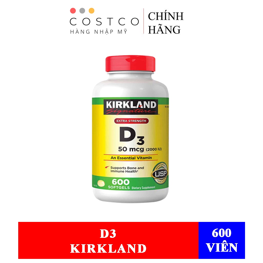 Viên Uống Bổ Sung Vitamin D3 Kirkland Extra Strength D3 50mcg (2000 IU) (1 Hủ/600 Viên)