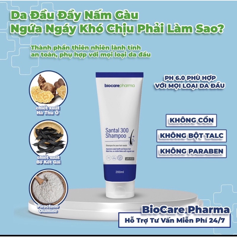 Dầu gội dược liệu BIO CARE PHARMA Santal 300 Shampoo 200ml - Giảm gàu, nấm ngứa da đầu - Dạng tuýp