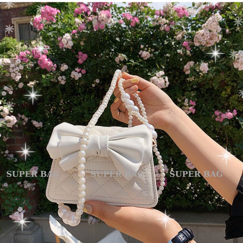 Túi Đeo Chéo Nữ Đẹp 2 Size, Túi Đeo Vai Đính Nơ Quai Ngọc Hottrend 100