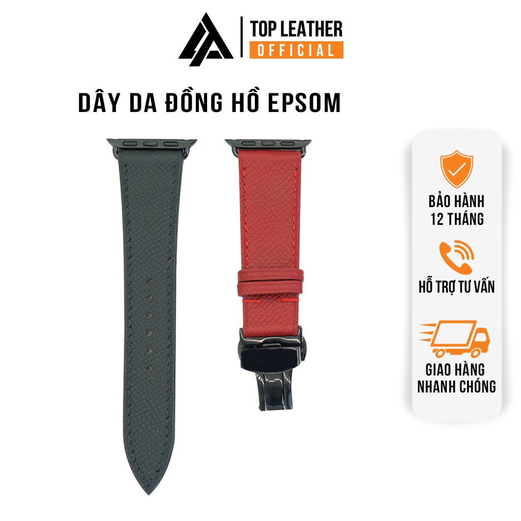 Dây đeo đồng hồ nam nữ da thật Epsom cho AppIe Watch đen mix đỏ khâu thủ công size 38/40/41/42/44/45/49 mm Top Leather
