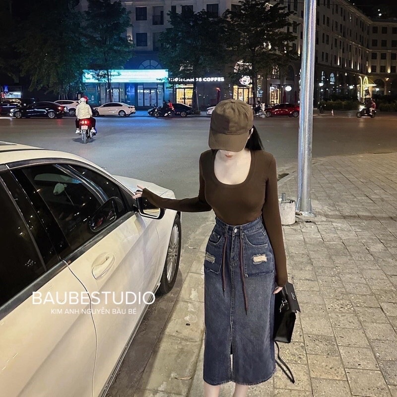 CHÂN VÁY JEANS RÁCH TÚI 2 BÊN KÈM DÂY #988