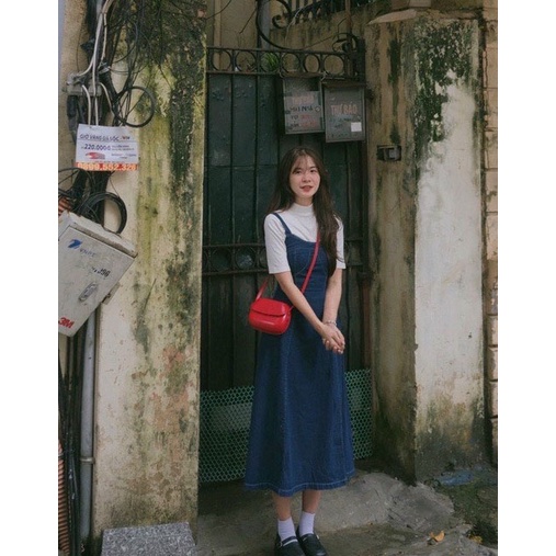 Set váy đầm nữ bò dáng dài phối áo thun cổ tròn tay bồng freesize chun lưng tiểu thư hàn quốc Ylydress C1389