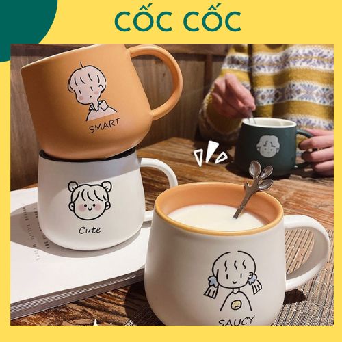 Cốc ly sứ đôi Boy and Girl kèm thìa dễ thương Cốc Cốc dùng uống nước, pha trà, pha cà phê, quà tặng bạn bè, người thân
