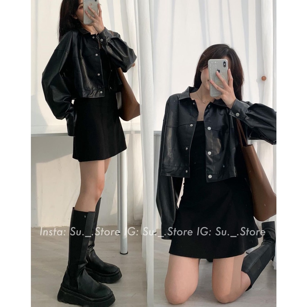 [SẴN] ÁO KHOÁC DA DÁNG CROPTOP DÀI DAY CÚC BẤM HACK DÁNG