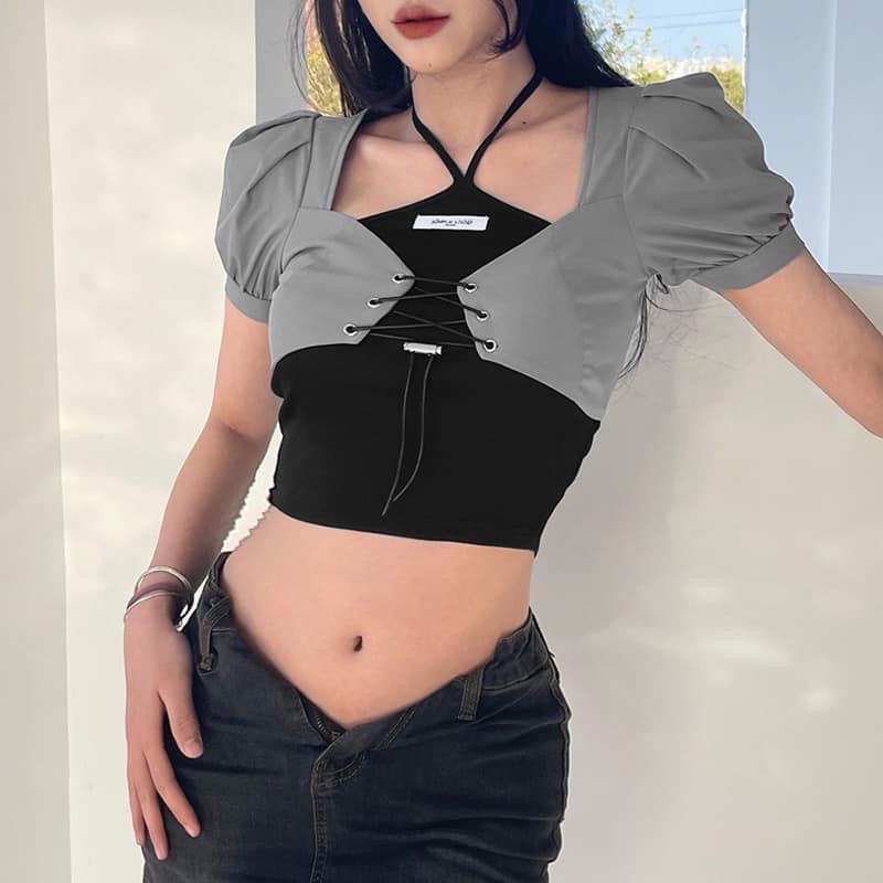 Set áo croptop vai phồng đan dây kèm áo yếm siêu ngầu Ulzzang