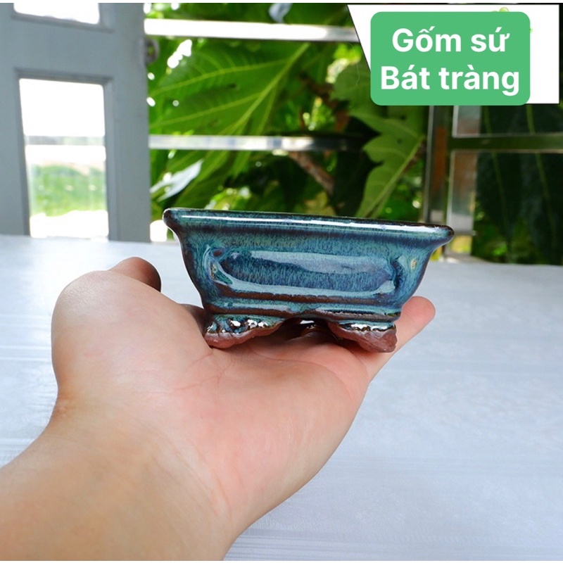 Chậu chữ Nhật men xanh gốm bát tràng sen đá